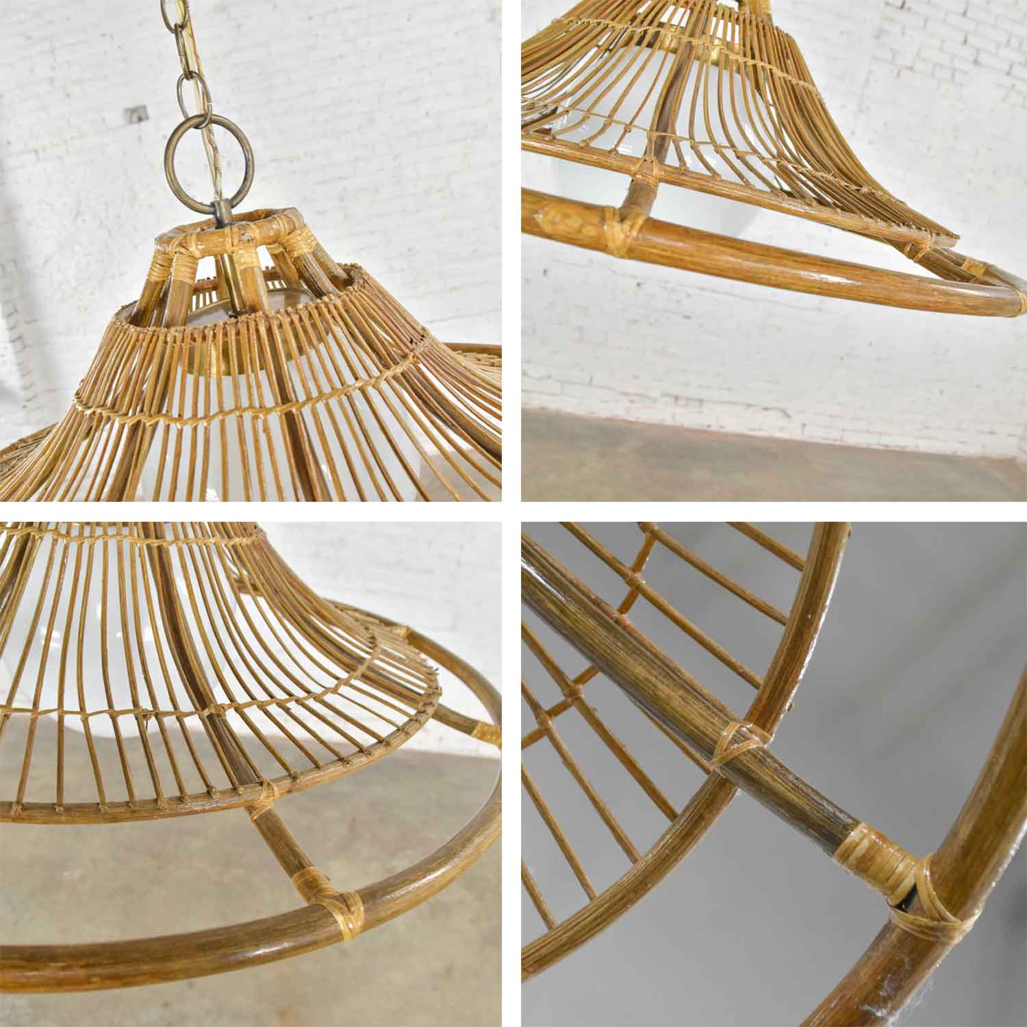 MCM Vintage Rattan Bell Shaped Pendant Light with Milk Glass Globe & Brass Plated Accents
