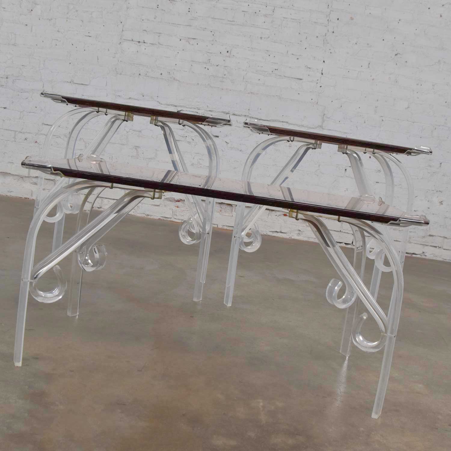 Hollywood Regency Art Deco Lucite & Rose Mirrored Tables a Set 1 Coffee & 2 End Tables