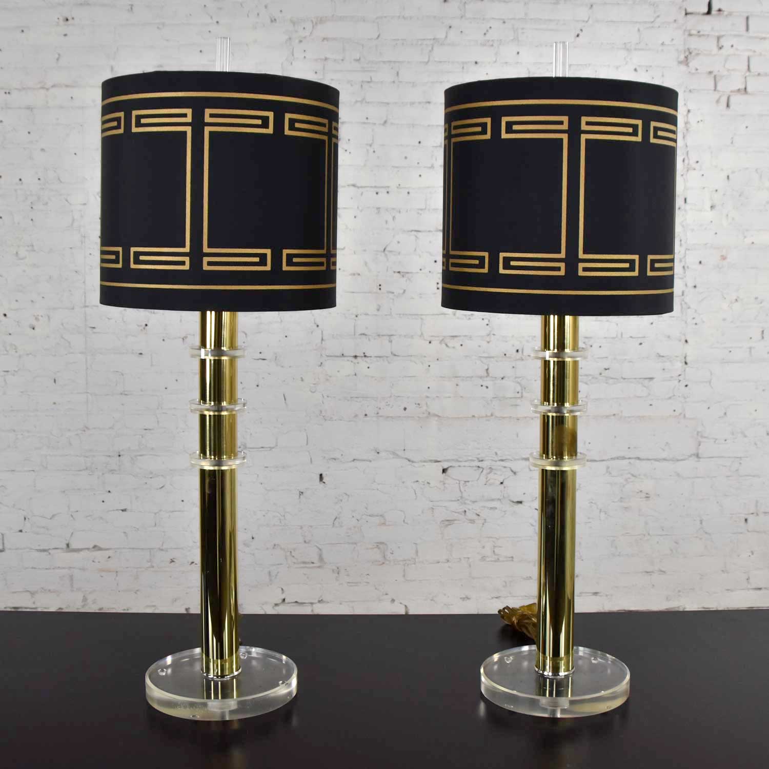 Modern Hollywood Regency Lucite & Brass Plate Lamps Black Shades a Pair Style Karl Springer