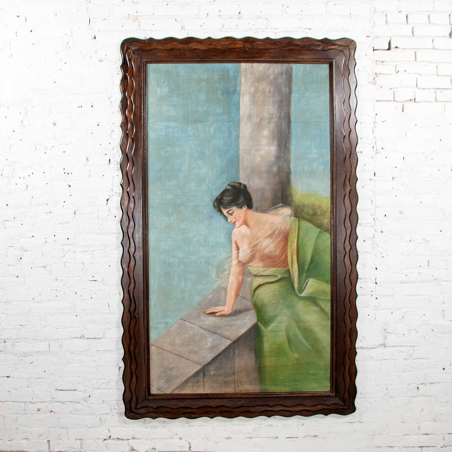 Monumental 6’ 6.5” Pastel Victorian Gibson Girl Style Portrait of Lounging Female in Blues & Pink