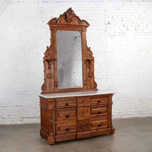 Antique Victorian Mirrored Dresser in Walnut & Burl Walnut with White Marble Top