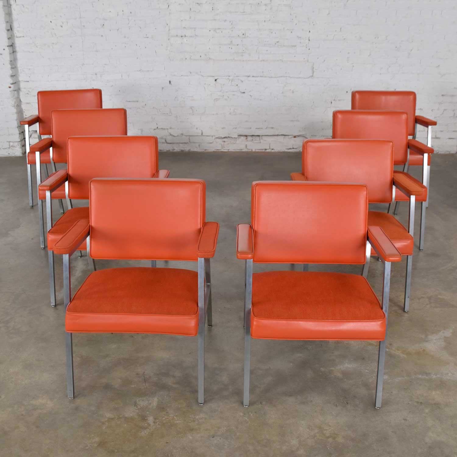 Mid Century Modern Steelcase Coral Vinyl Fabric & Brushed Steel Dining Armchairs Set of 8