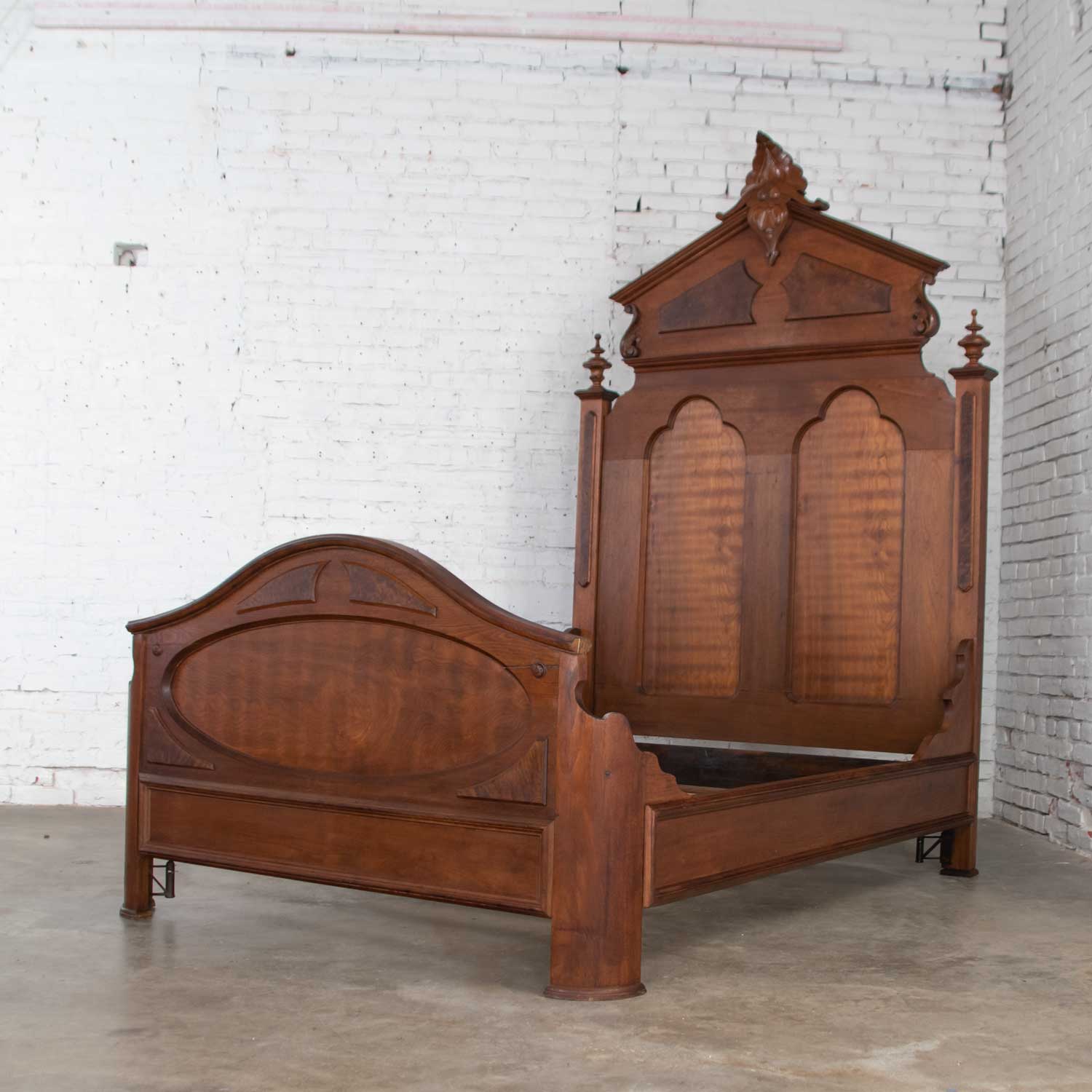 Antique Victorian Walnut & Burl Walnut Tall Lincoln Style Full Size Bed