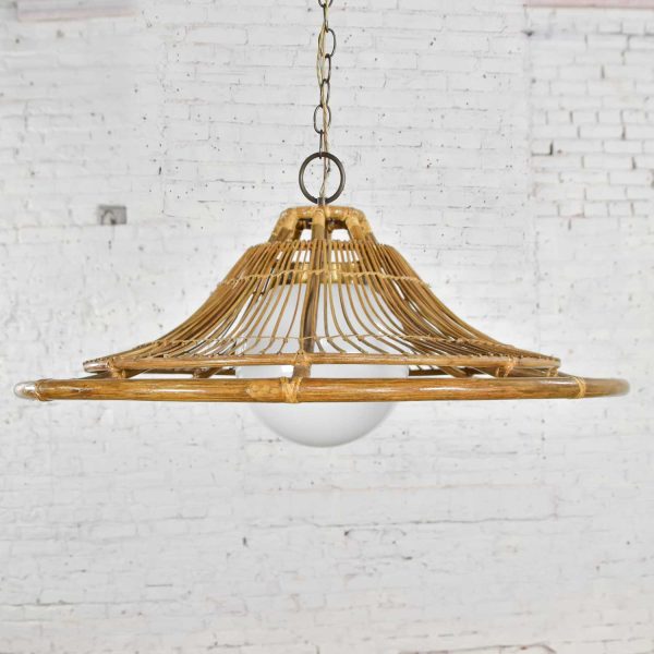 MCM Vintage Rattan Bell Shaped Pendant Light with Milk Glass Globe & Brass Plated Accents