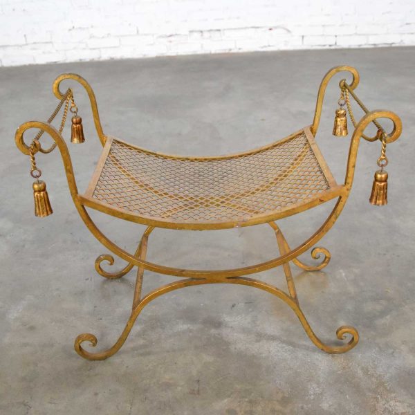 Gilded Wrought Iron Curule or Savonarola Italian Hollywood Regency Vanity Stool with Tassels