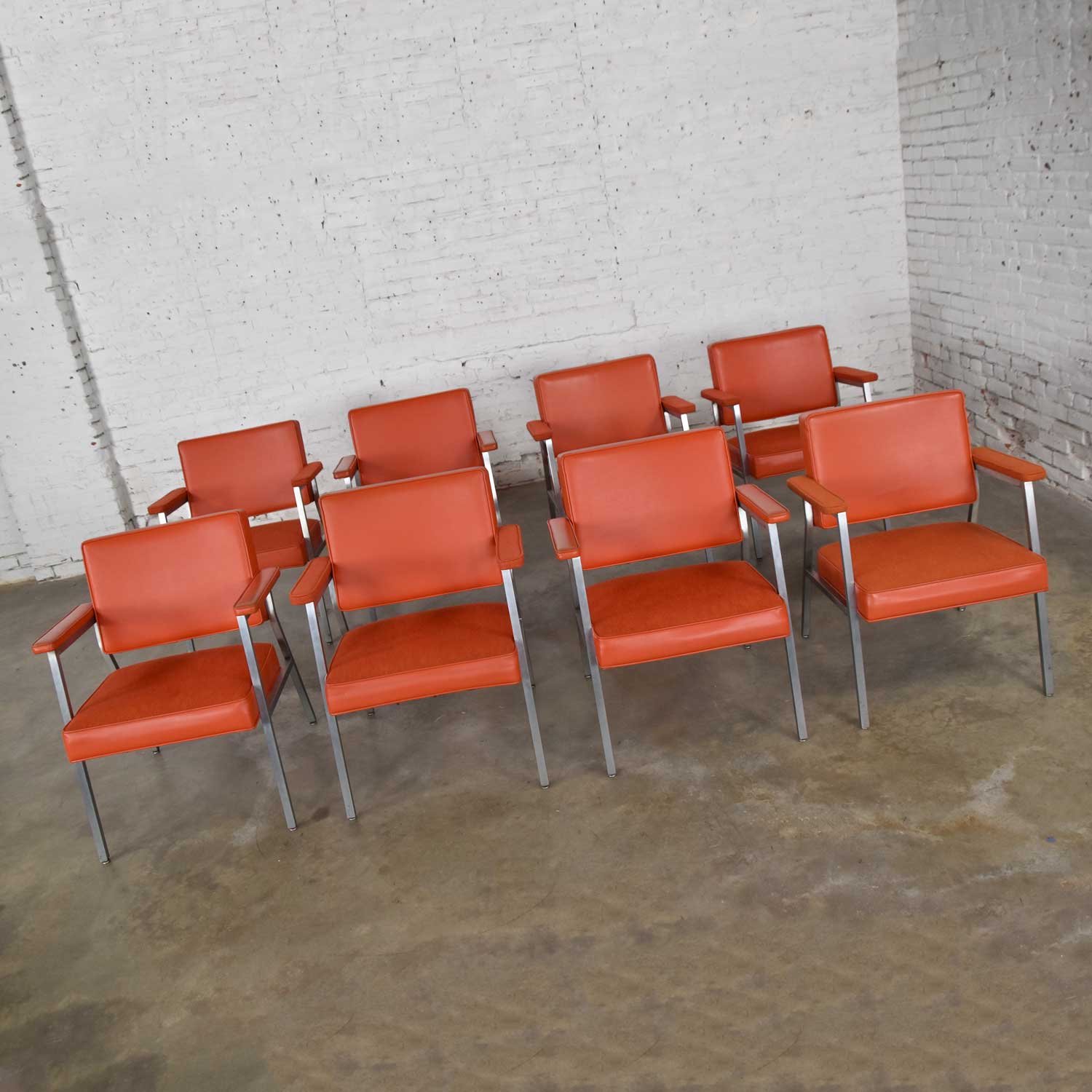 Mid Century Modern Steelcase Coral Vinyl Fabric & Brushed Steel Dining Armchairs Set of 8