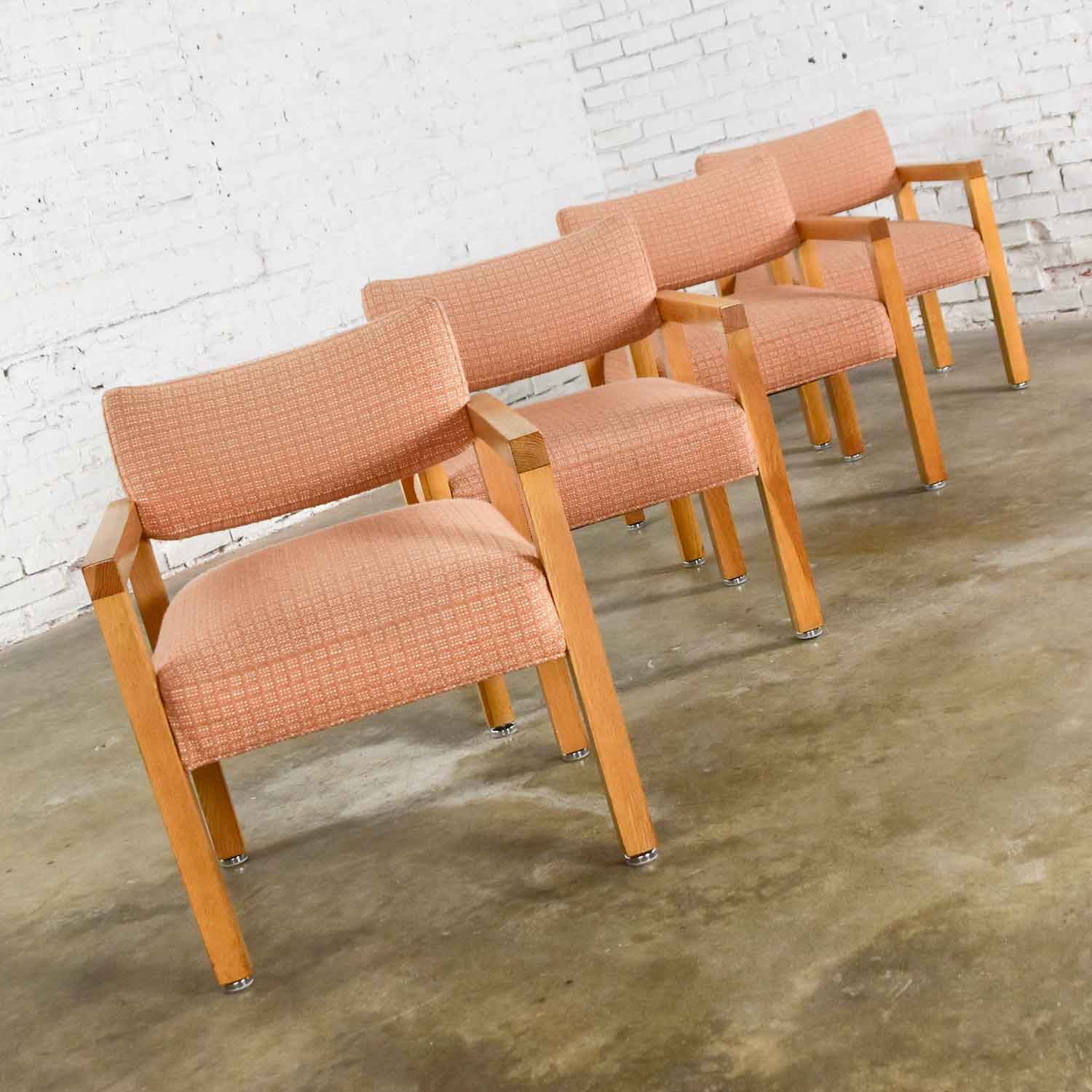 Modern Square Frame Oak Armchairs with Original Blush Textured Fabric, Set of Four