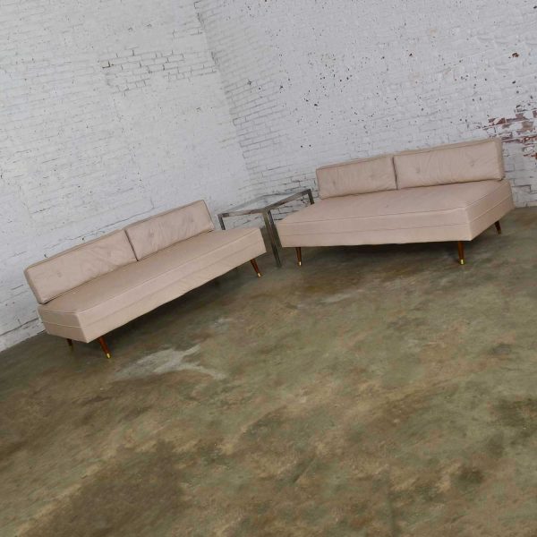 Mid-Century Modern White Vinyl Faux Silk Look Daybeds or Convertible Sofas or Sectional, a Pair