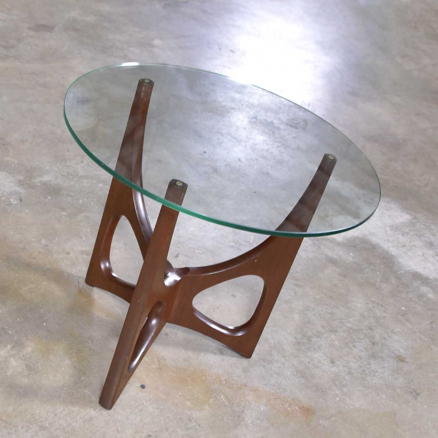 Mid Century Modern Walnut Tri-Leg Glass Top Side Table in the Style of Adrian Pearsall