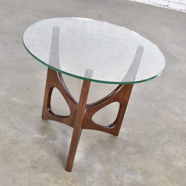 Mid Century Modern Walnut Tri-Leg Glass Top Side Table in the Style of Adrian Pearsall