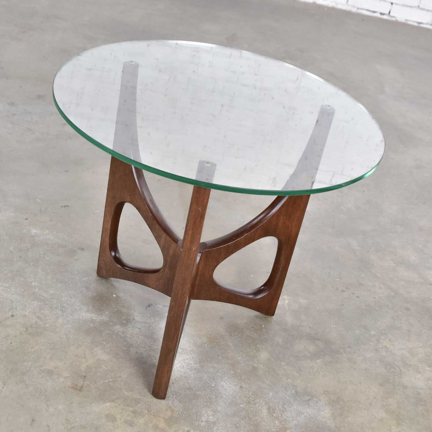 Mid Century Modern Walnut Tri-Leg Glass Top Side Table in the Style of Adrian Pearsall