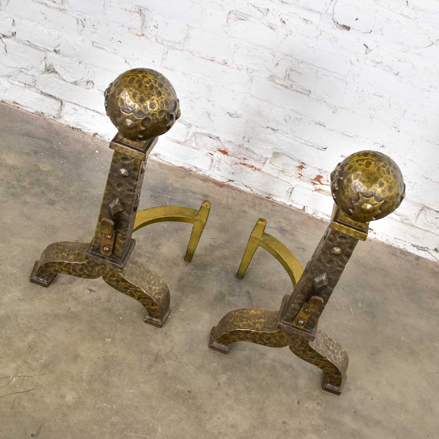 Large Cast Iron Bronze Plated Arts & Crafts Cannonball Andirons or Fire Dogs