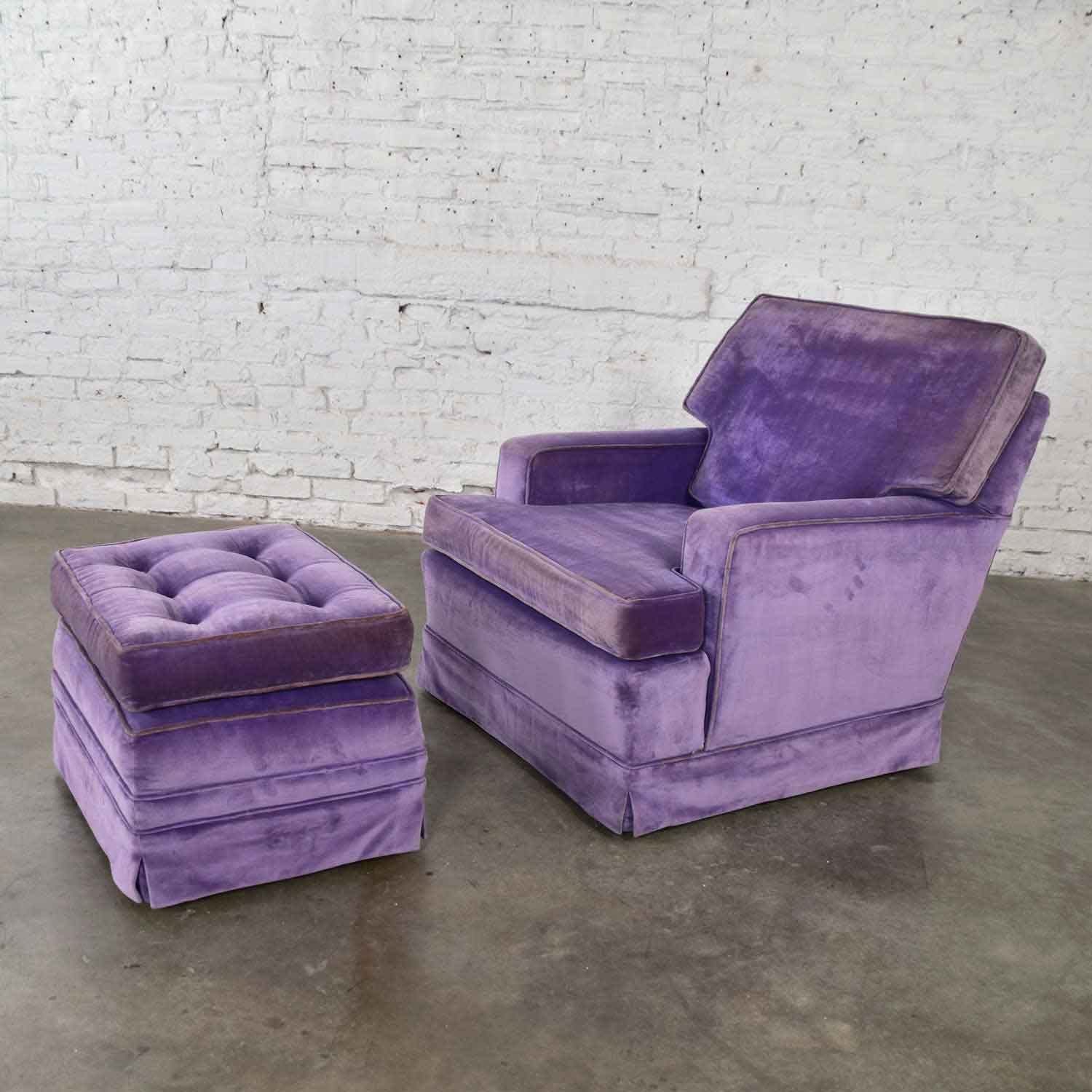 Mid Century Modern Purple Velvet Lawson Style Vintage Club Chair and Ottoman