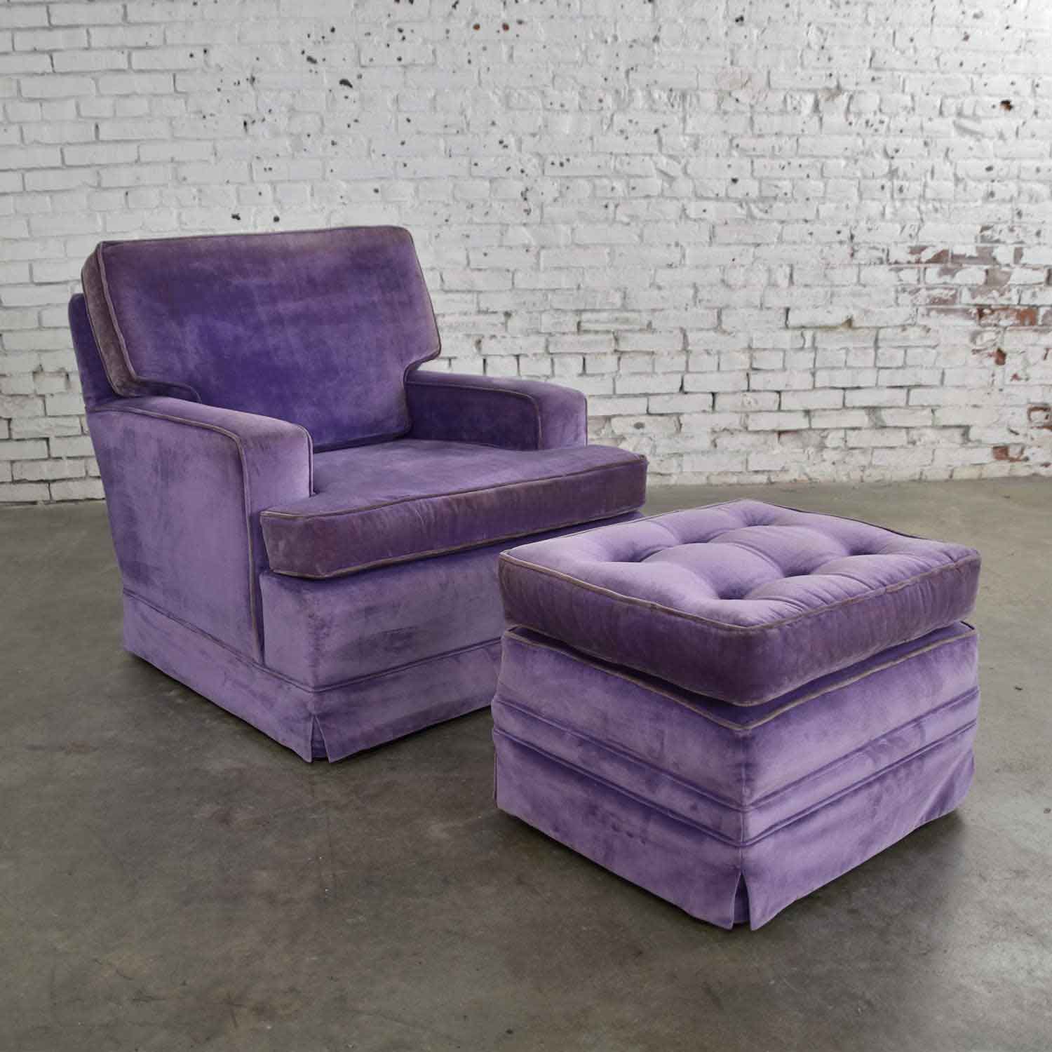 Mid Century Modern Purple Velvet Lawson Style Vintage Club Chair and Ottoman