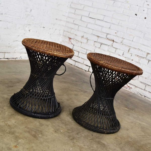 MCM Rattan and Cane Cinched Waist Side Accent End Tables or Low Stools a Pair