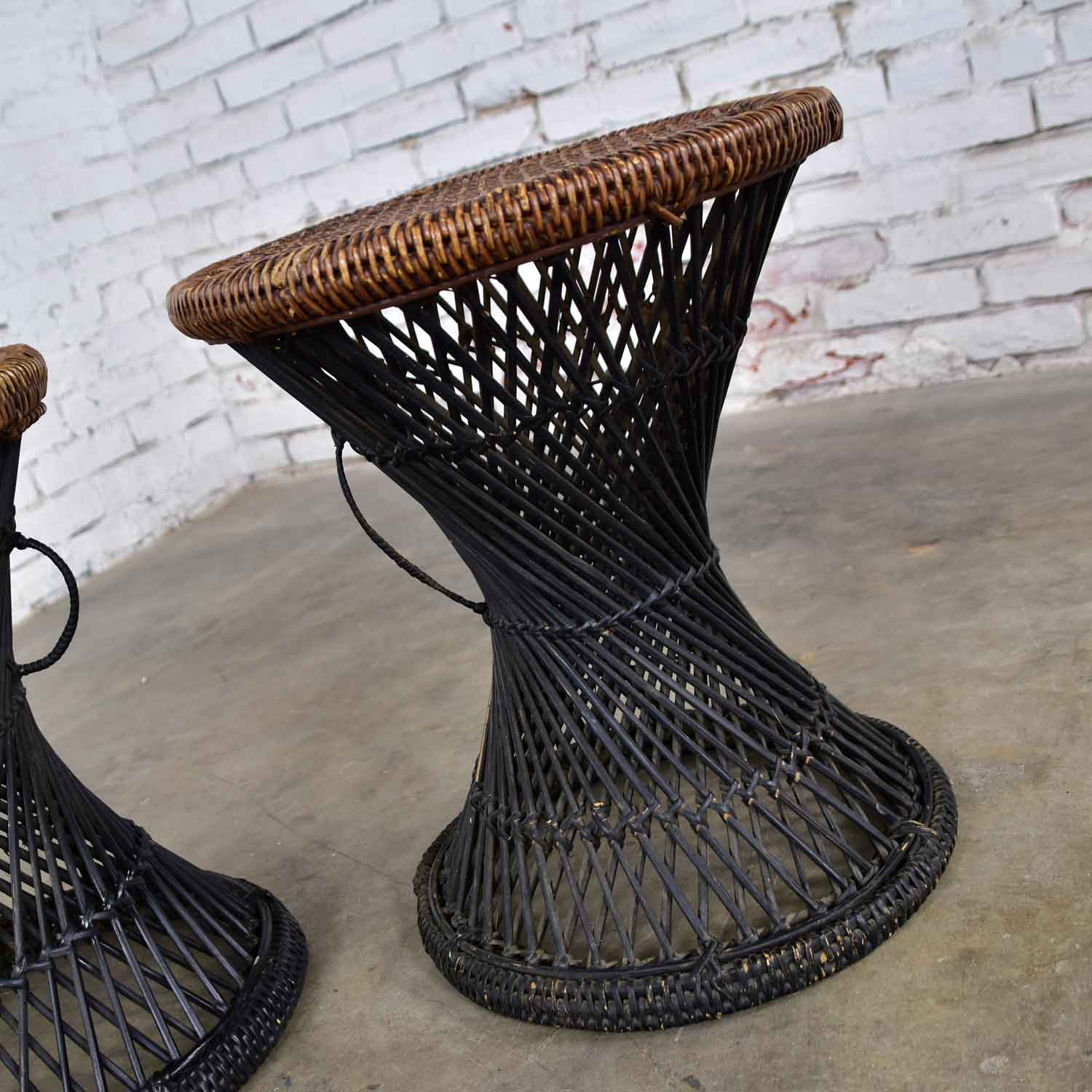 MCM Rattan and Cane Cinched Waist Side Accent End Tables or Low Stools a Pair