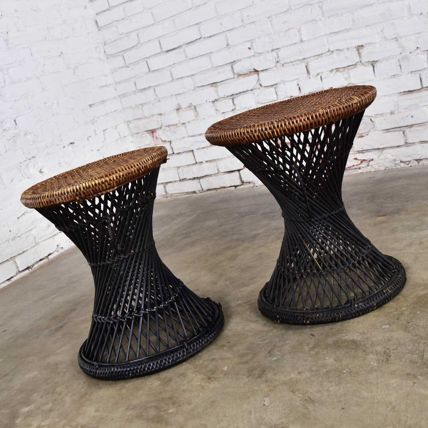 MCM Rattan and Cane Cinched Waist Side Accent End Tables or Low Stools a Pair