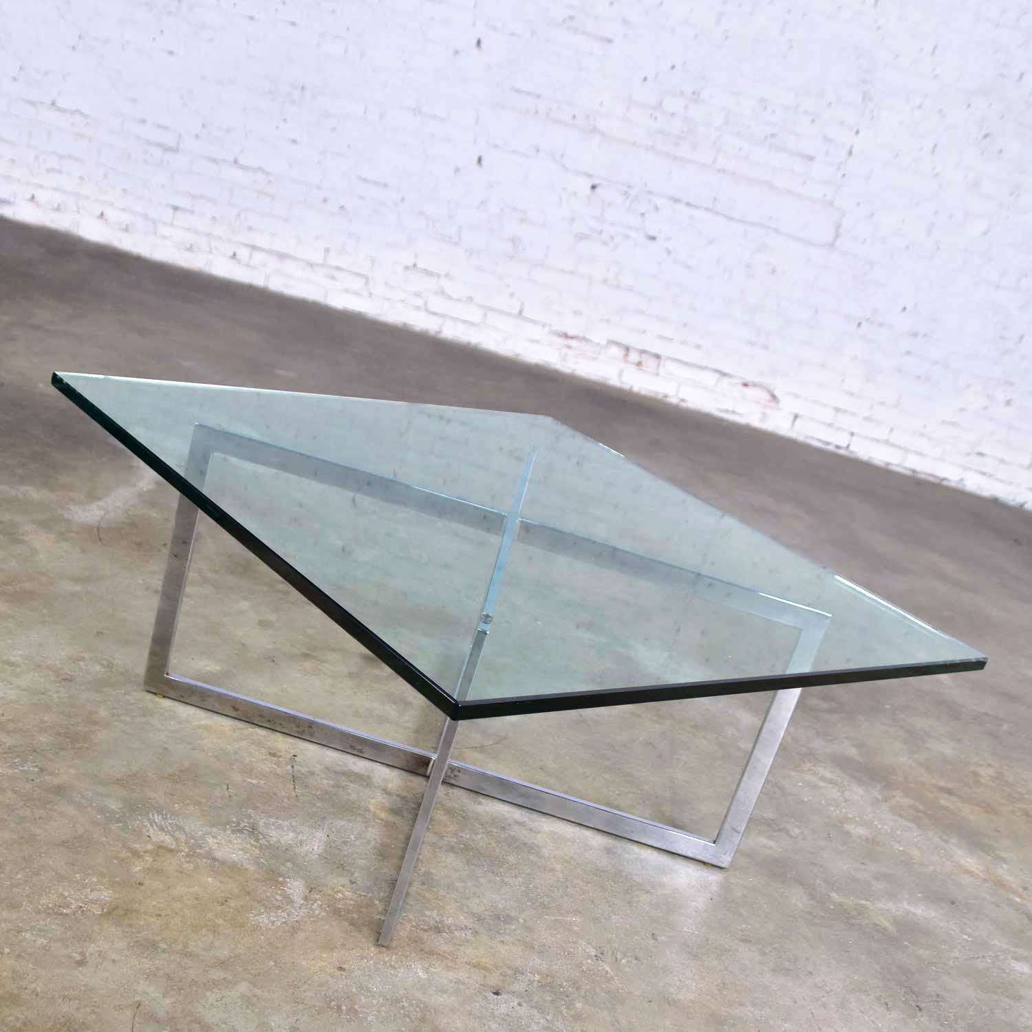 Chrome X Base Coffee Table with Glass Top in the Style of Milo Baughman