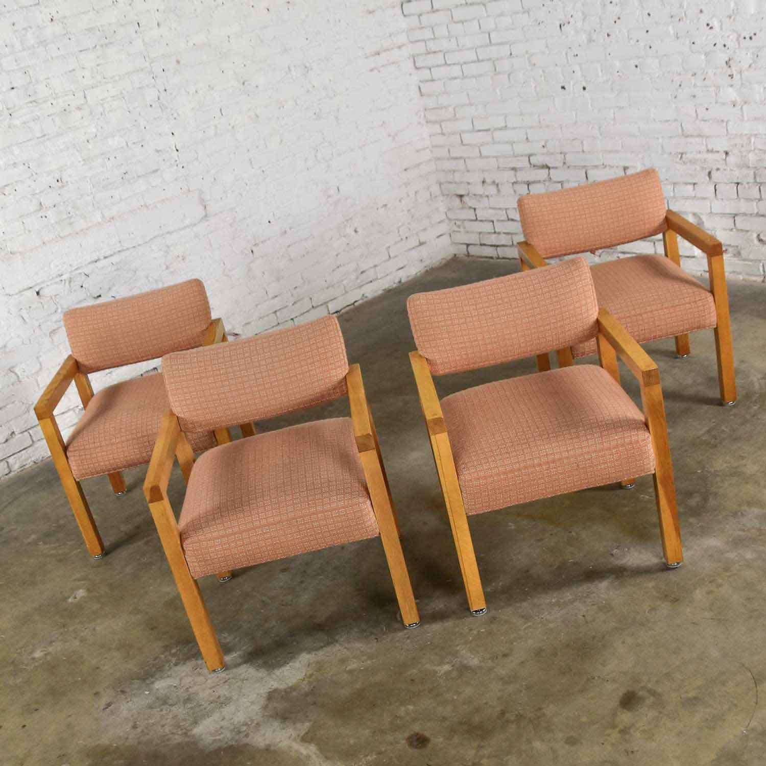 Modern Square Frame Oak Armchairs with Original Blush Textured Fabric, Set of Four