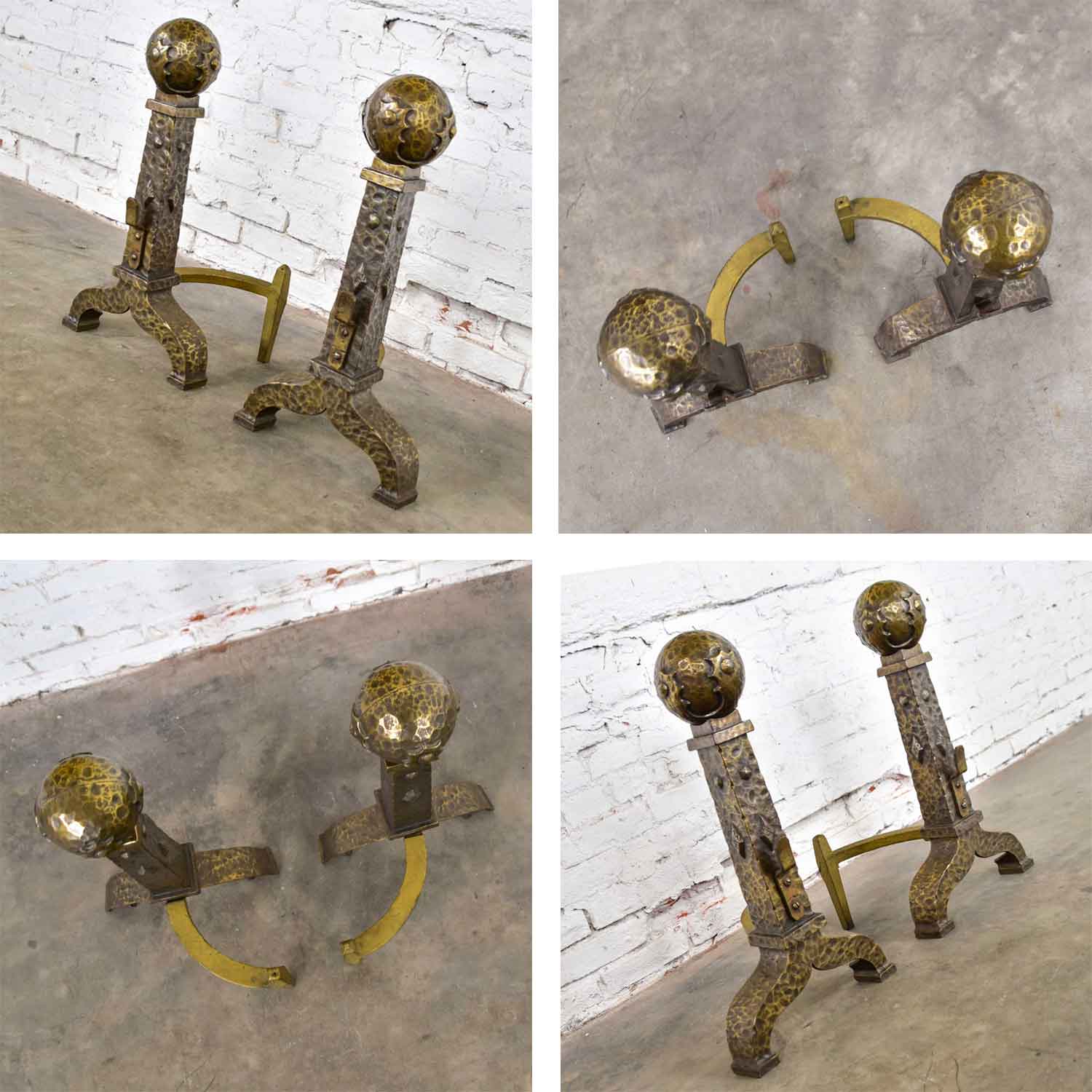 Large Cast Iron Bronze Plated Arts & Crafts Cannonball Andirons or Fire Dogs