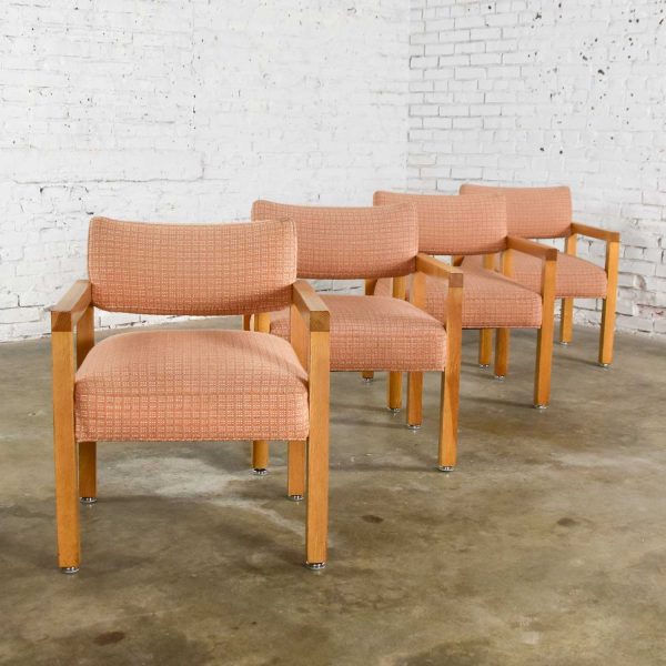 Modern Square Frame Oak Armchairs with Original Blush Textured Fabric, Set of Four