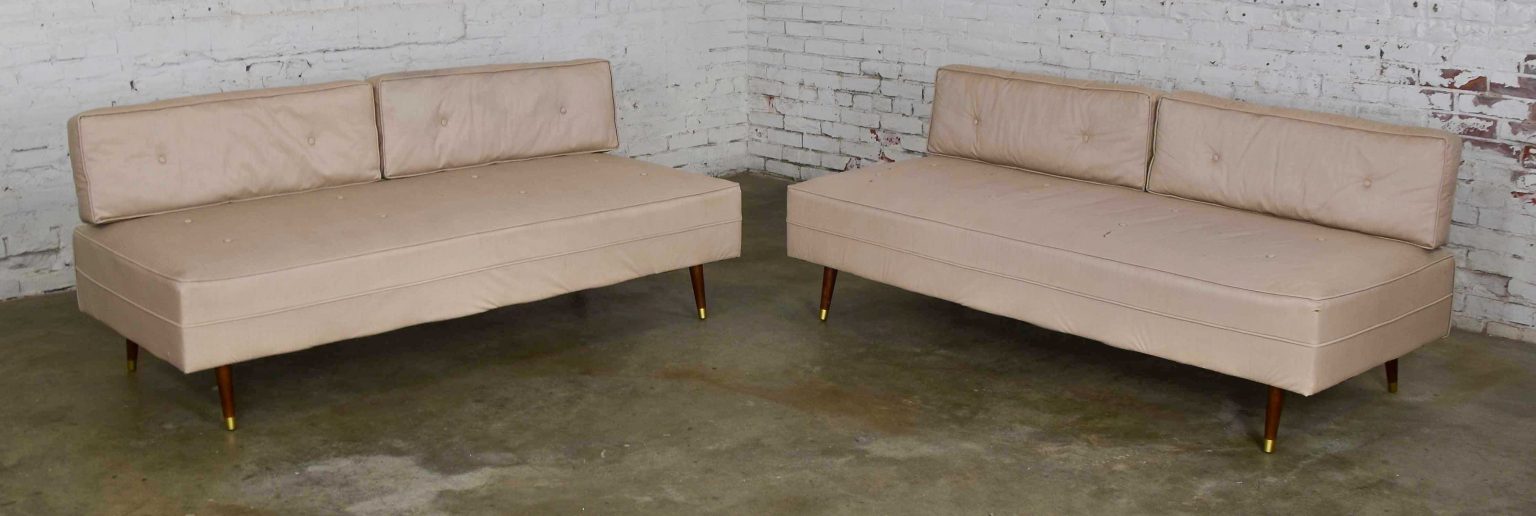 Mid-Century Modern White Vinyl Faux Silk Look Daybeds or Convertible Sofas or Sectional, a Pair