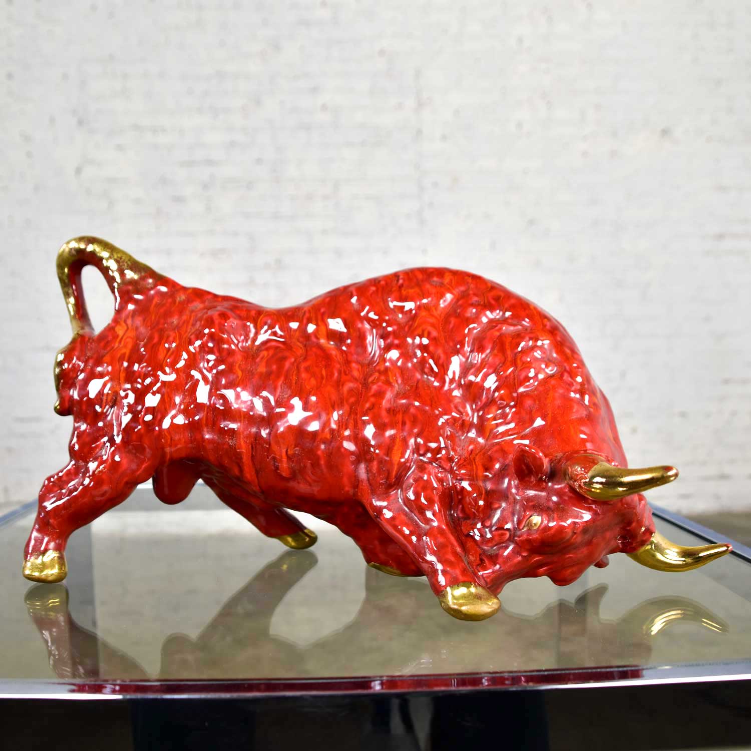 Mid-Century Modern Royal Haeger Style Ceramic Red Charging Bull Sculpture