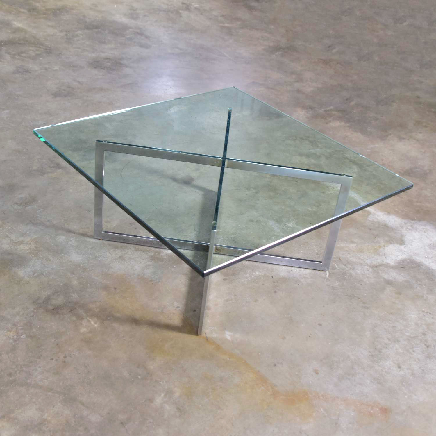 Chrome X Base Coffee Table with Glass Top in the Style of Milo Baughman
