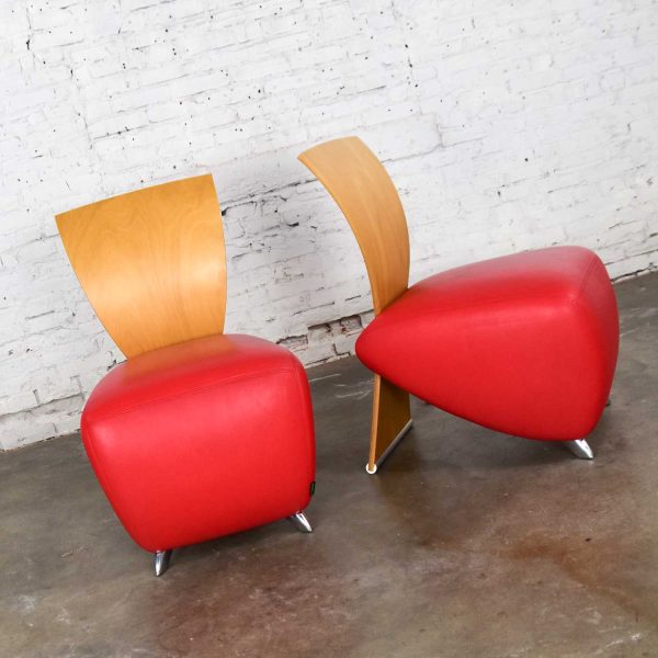 Dauphin BOBO Postmodern Accent Chairs by Dietmar Sharping Red Leather & Maple a Pair