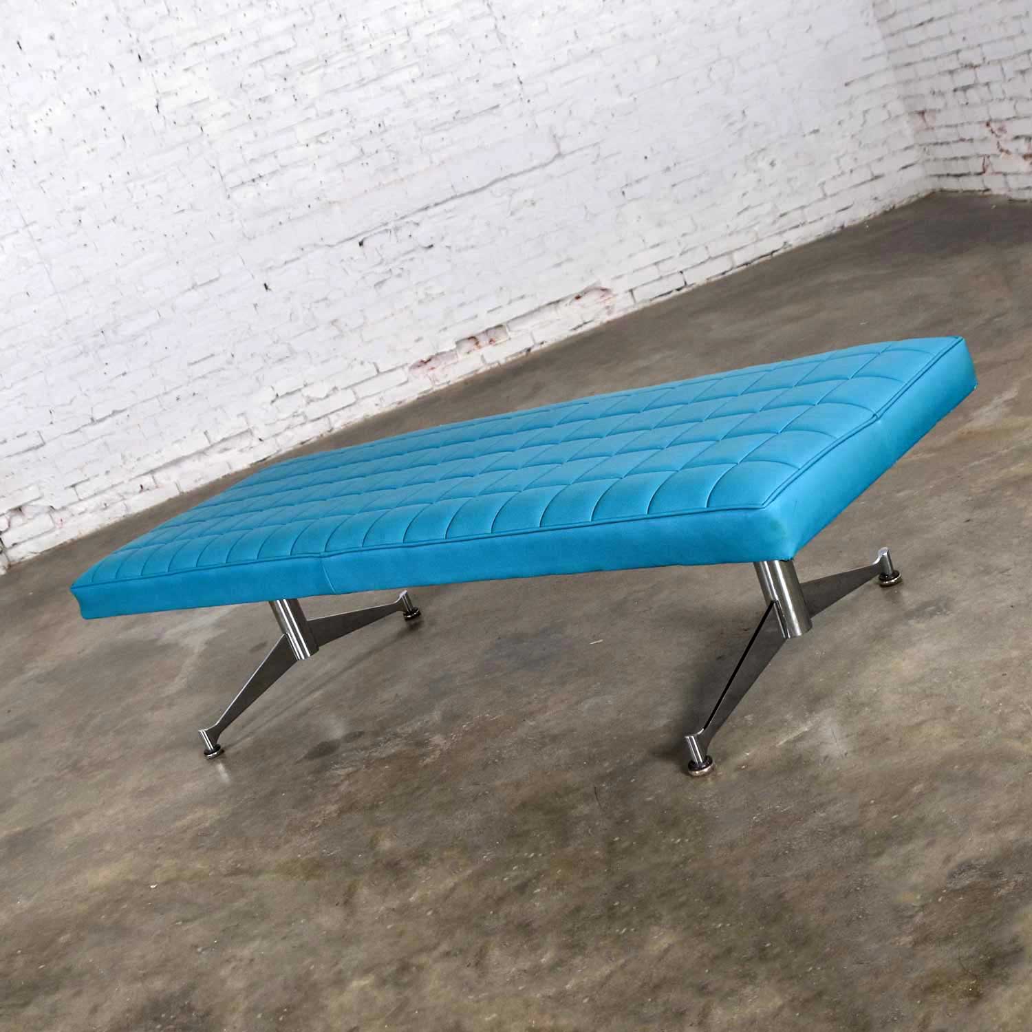 MCM Vinyl Faux Leather Turquoise & Chrome Bench Daybed Style of Arthur Umanoff for Madison Furniture Co.
