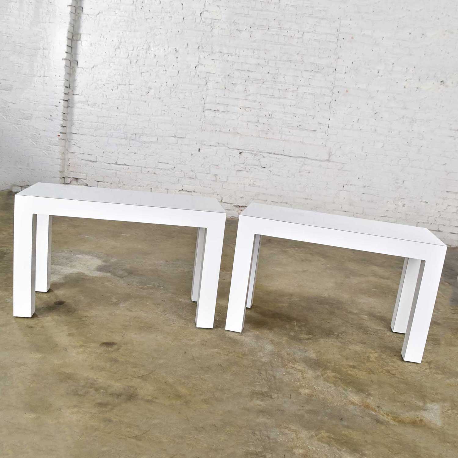 White Laminate Parsons Style Side or End Tables with Glass Tops, a Pair
