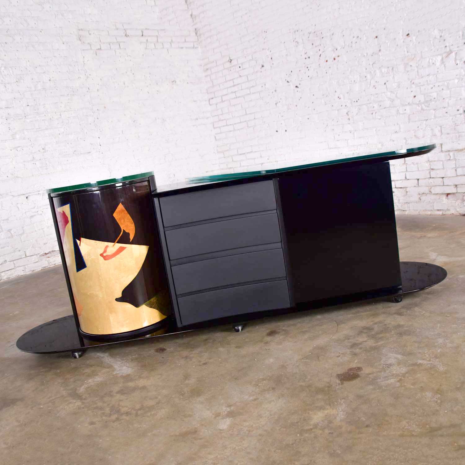 postmodern italian black lacquered buffet credenza w/ colorful geometric inlay signed by pietro costantini