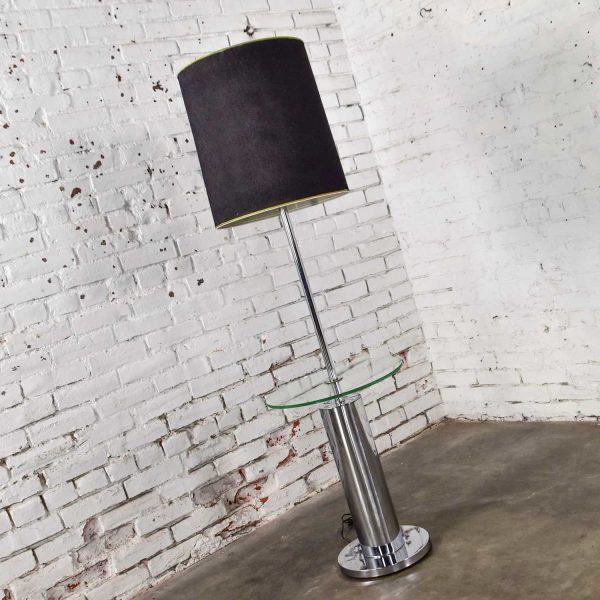 Modern Chrome Cylinder Floor Lamp with Attached Glass Side Table in the Style of George Kovacs