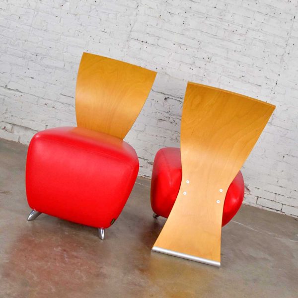 Dauphin BOBO Postmodern Accent Chairs by Dietmar Sharping Red Leather & Maple a Pair