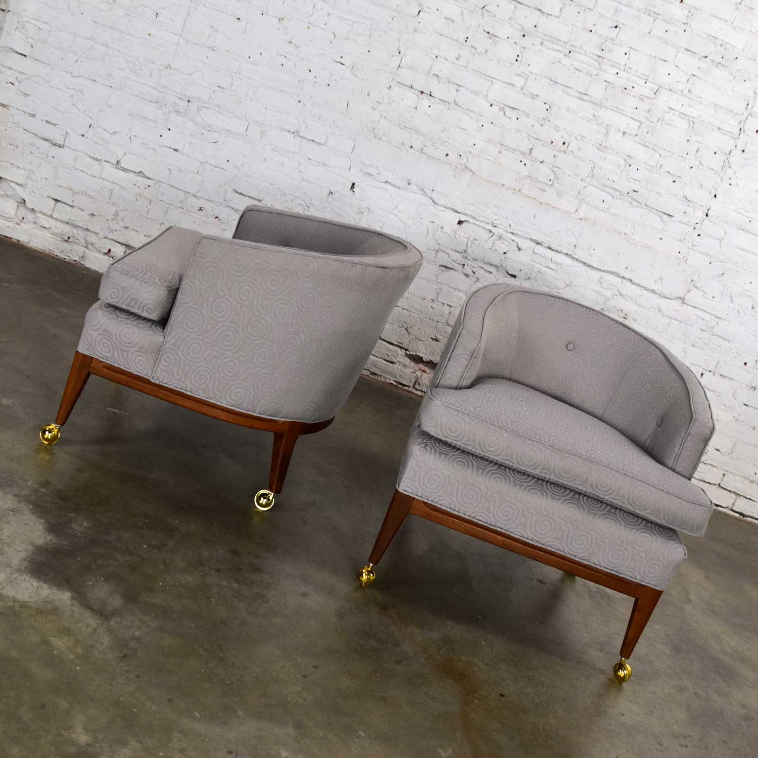 Pair MCM Grey & Taupe Barrel Back Club Chairs on Casters Style of Harvey Probber
