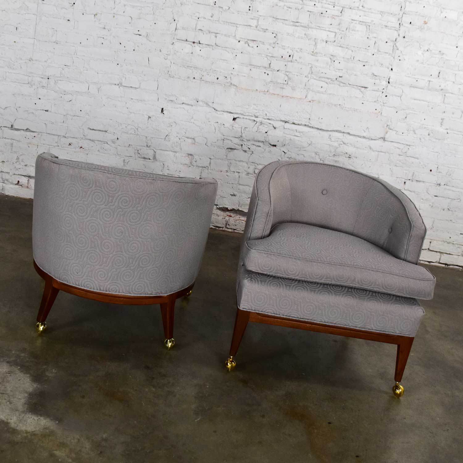 Pair MCM Grey & Taupe Barrel Back Club Chairs on Casters Style of Harvey Probber