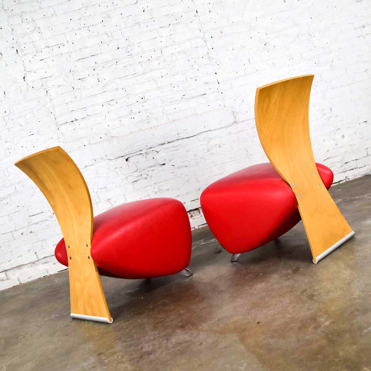 Dauphin BOBO Postmodern Accent Chairs by Dietmar Sharping Red Leather & Maple a Pair