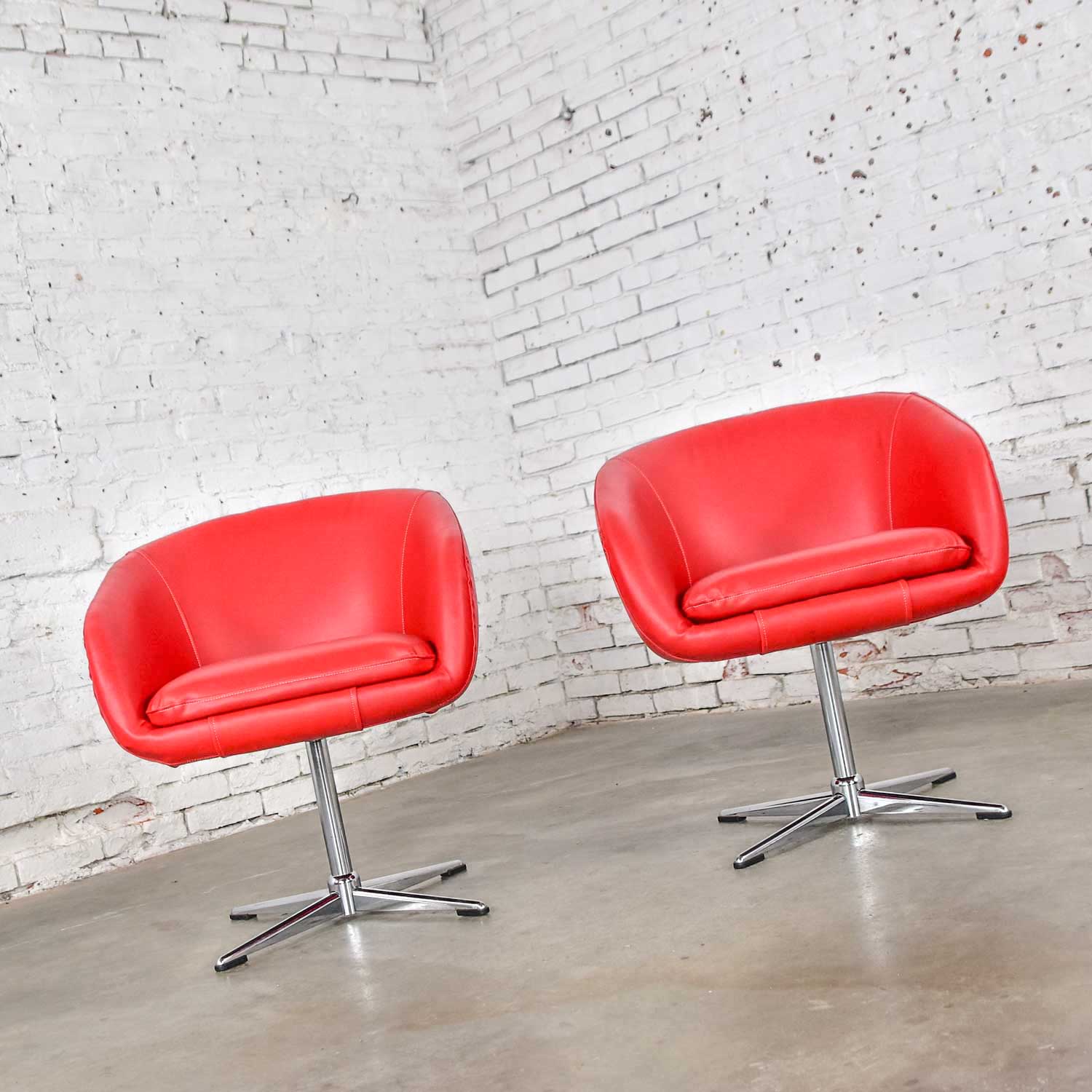 Shelby Williams MCM Swivel Bucket Chairs New Red Vinyl Faux Leather & Chrome X Base