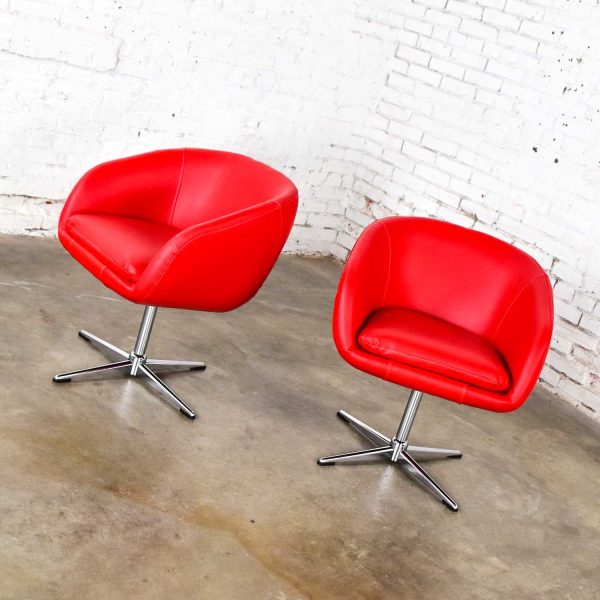 Shelby Williams MCM Swivel Bucket Chairs New Red Vinyl Faux Leather & Chrome X Base