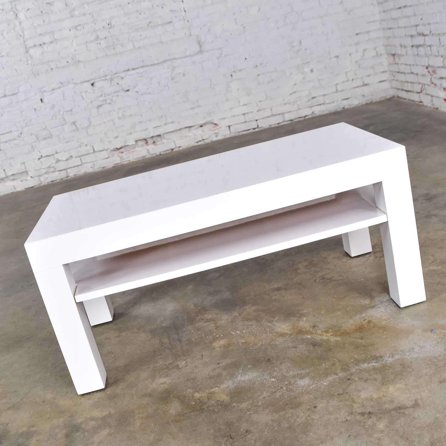 Mid-Century Modern Two-Tiered White Laminate Parson’s Style Coffee or End Table