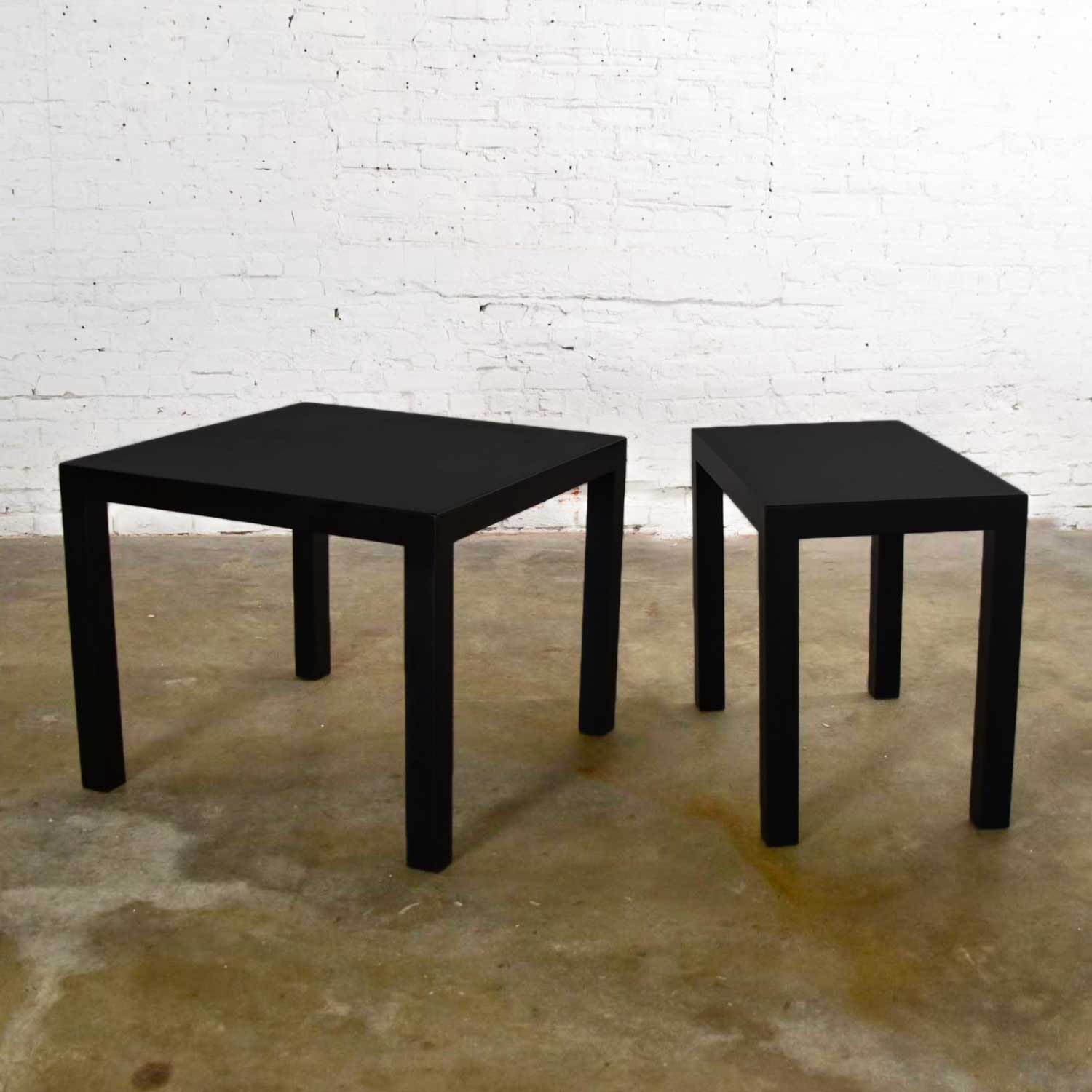 Pair Mid-Century Modern Black Painted Parsons Side Tables 1 Square 1 Rectangle
