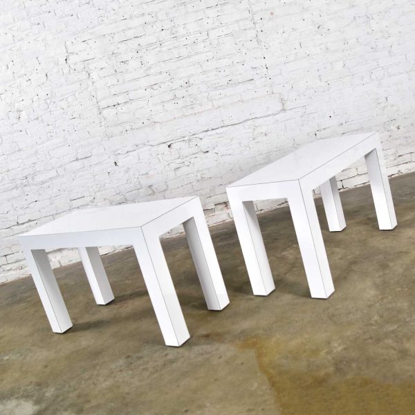 White Laminate Parsons Style Side or End Tables with Glass Tops, a Pair