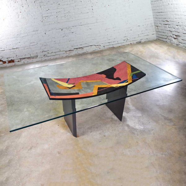 Italian Postmodern Dining Table by Pietro Costantini Black Lacquer & Geometric Inlay w/ Glass Top