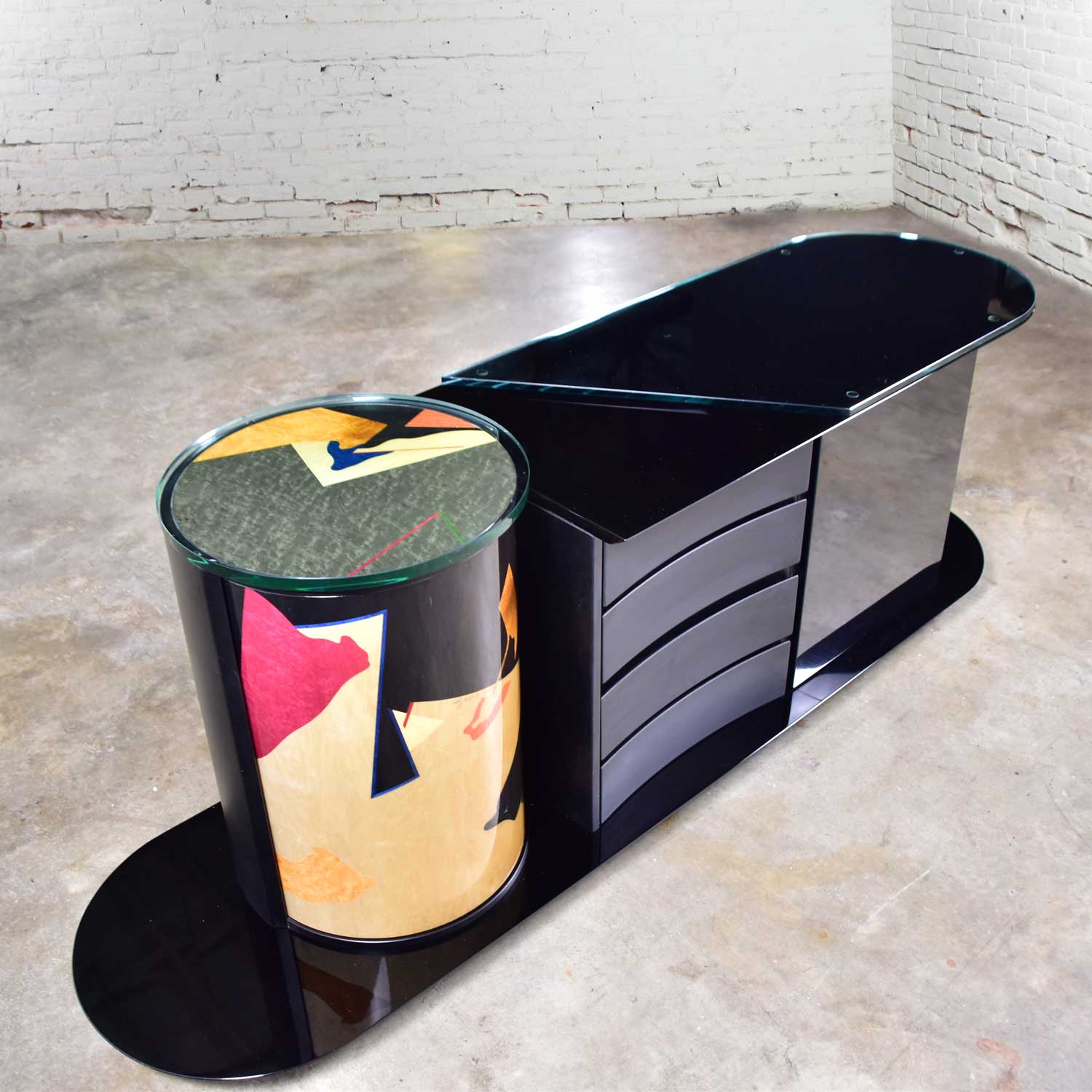 Postmodern Italian Black Lacquered Buffet Credenza w/ Colorful Geometric Inlay Signed by Pietro Costantini