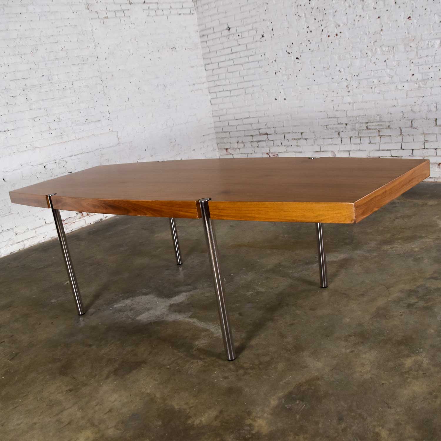 Modern Walnut and Chrome Boat Shaped Dining Conference Table by Jens Risom for Howe Furniture