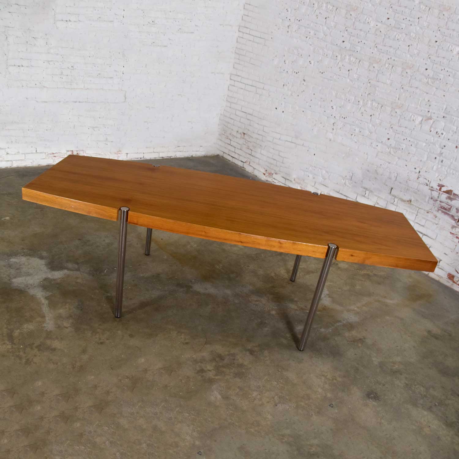 Modern Walnut and Chrome Boat Shaped Dining Conference Table by Jens Risom for Howe Furniture