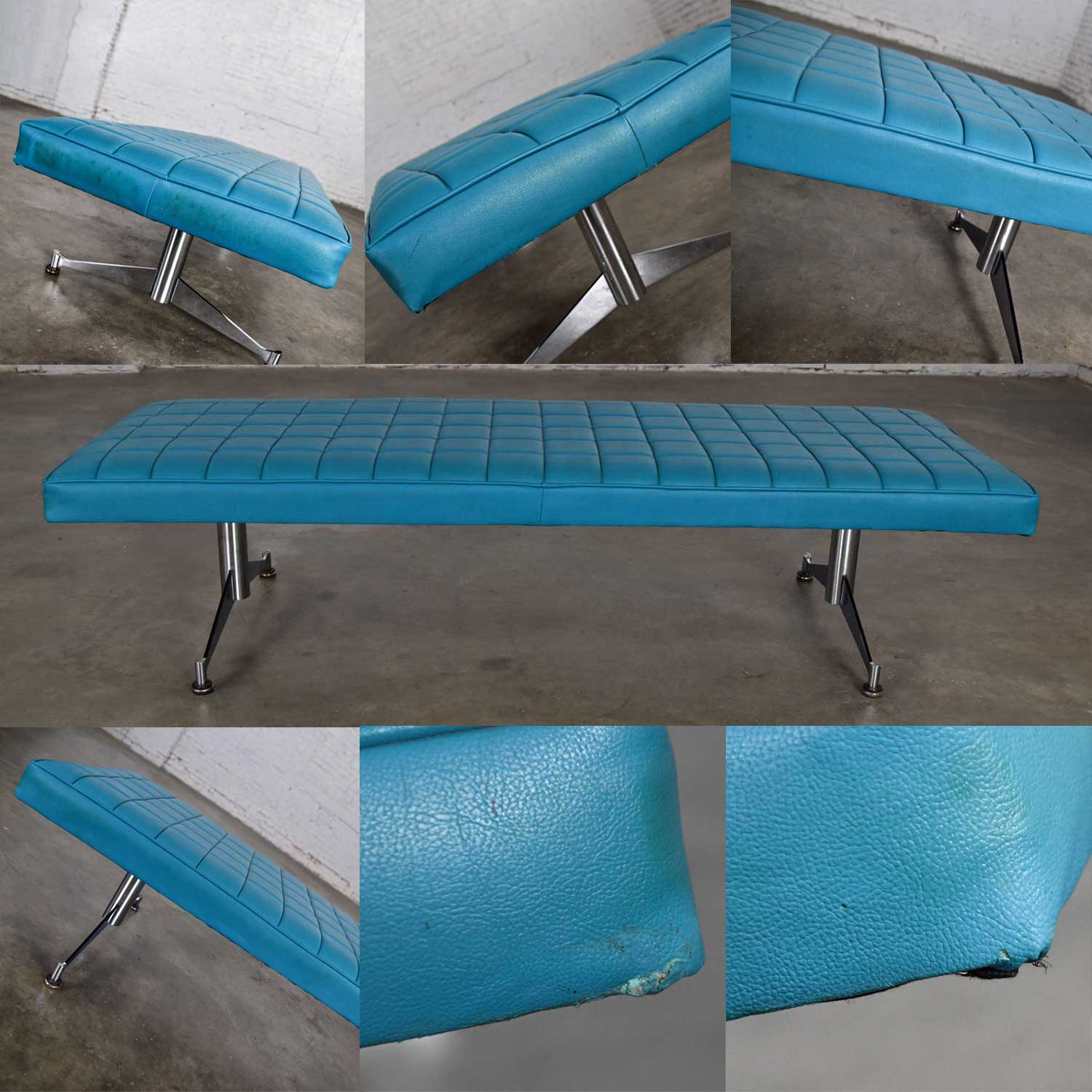 MCM Vinyl Faux Leather Turquoise & Chrome Bench Daybed Style of Arthur Umanoff for Madison Furniture Co.
