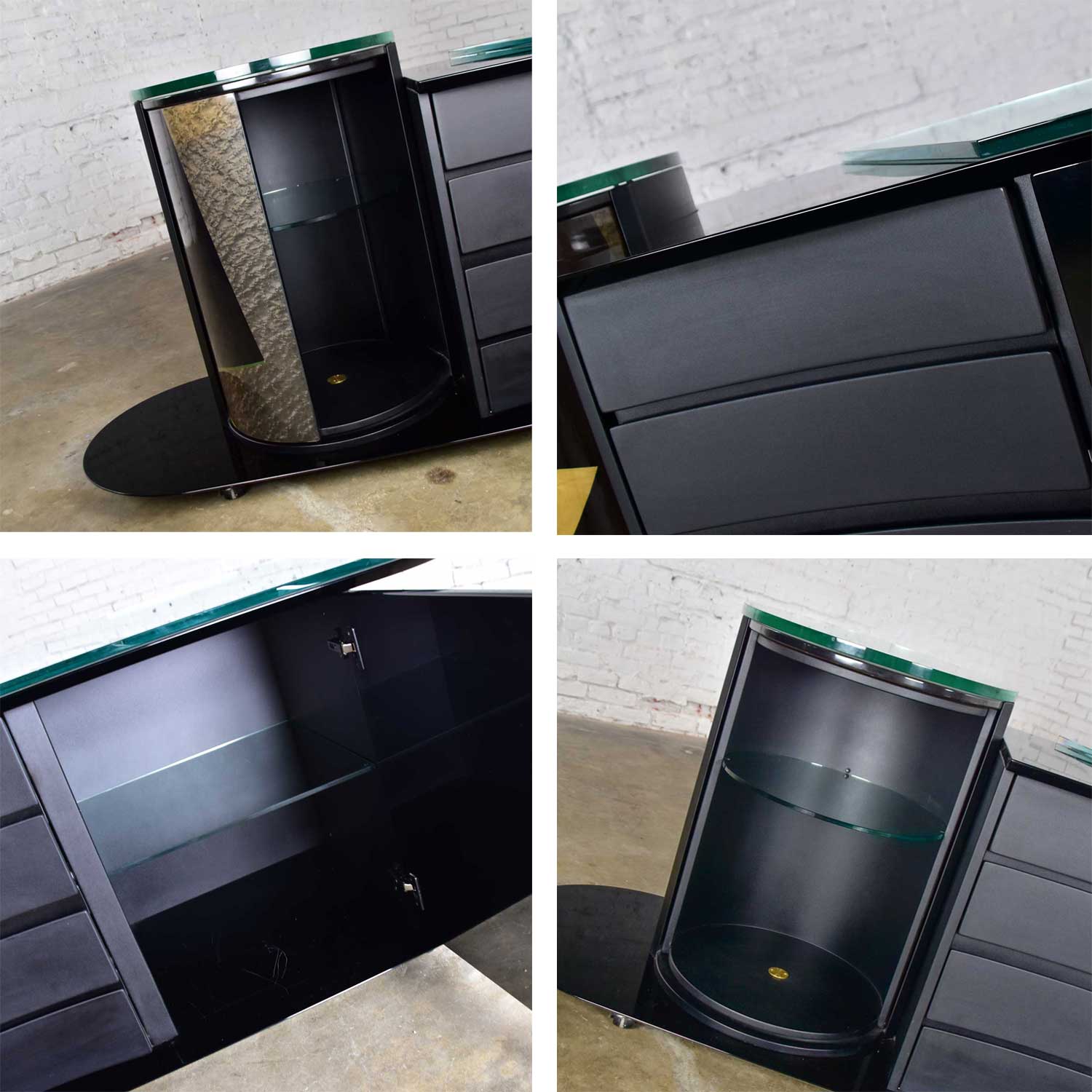 Postmodern Italian Black Lacquered Buffet Credenza w/ Colorful Geometric Inlay Signed by Pietro Costantini