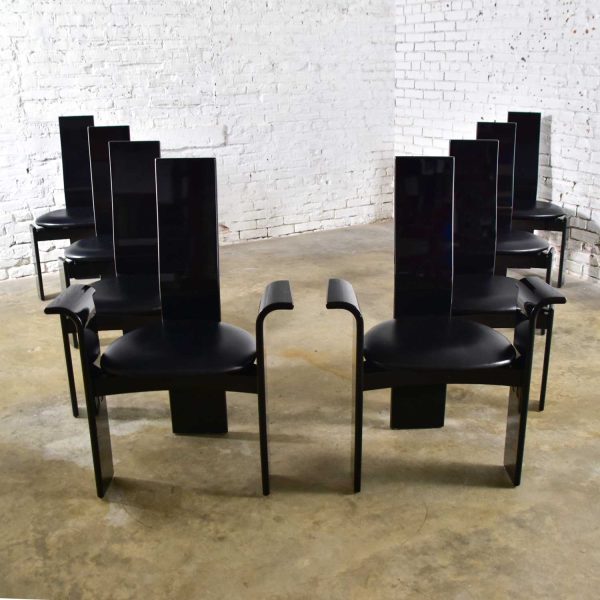 Italian Postmodern Black Lacquered Dining Chairs Attributed to Pietro Costantini Set of 8