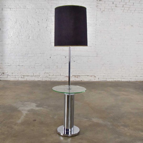 Modern Chrome Cylinder Floor Lamp with Attached Glass Side Table in the Style of George Kovacs